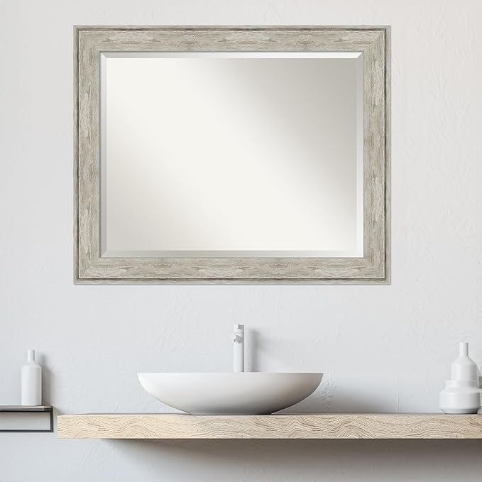 Amanti Art Silver Bathroom Mirror for Over Sink, 27x33 Crackled Metallic Rectangle Vanity Mirror, Large Country Rustic Frame, Hangs Horizonally and Vertically, Bathroom Wall Decor, Beveled Edge