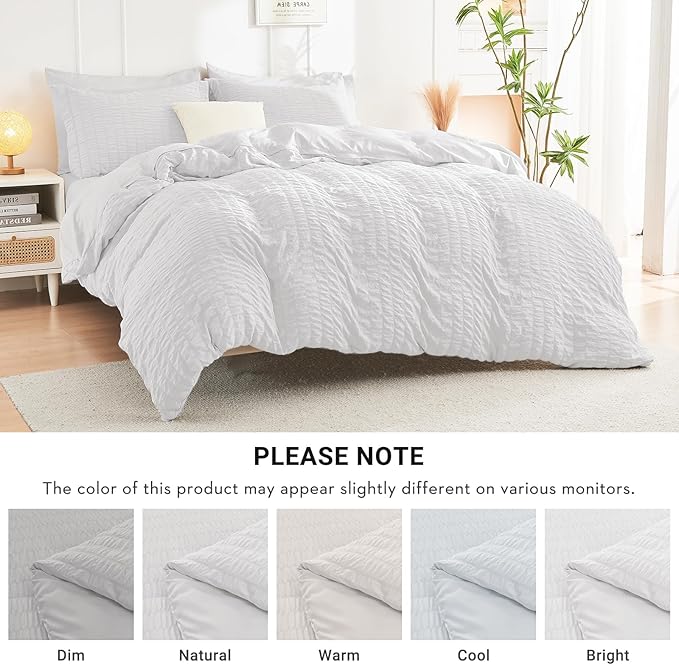 HYMOKEGE White King Size Comforter Set Seersucker 7 Pieces, All Season Luxury Bed in a Bag for Bedroom, Bedding Set with Comforters, Sheets, Pillowcases & Shams