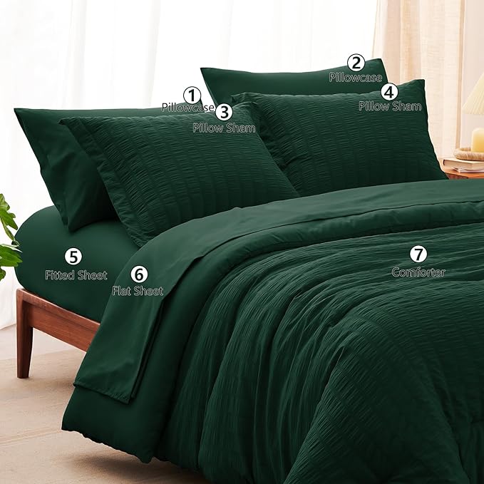 CozyLux King Size Comforter Set Emerald Green Seersucker 7 Pieces Bed in a Bag King Comforter Set with Sheets, Luxury Soft Bedding Set with Down Alternative Comforter, Sheets, Pillowcases & Shams