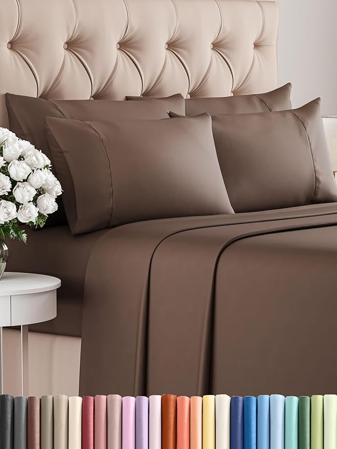 Queen 6 Piece Sheet Set - Comfy Breathable & Cooling - Ultra Soft Hotel Luxury Bedding Set w/ 8-16 Inch Deep Pockets - 1 Flat & 1 Fitted Sheet & 4 Pillowcases - Cozy, Wrinkle Free & Easy Care - Brown