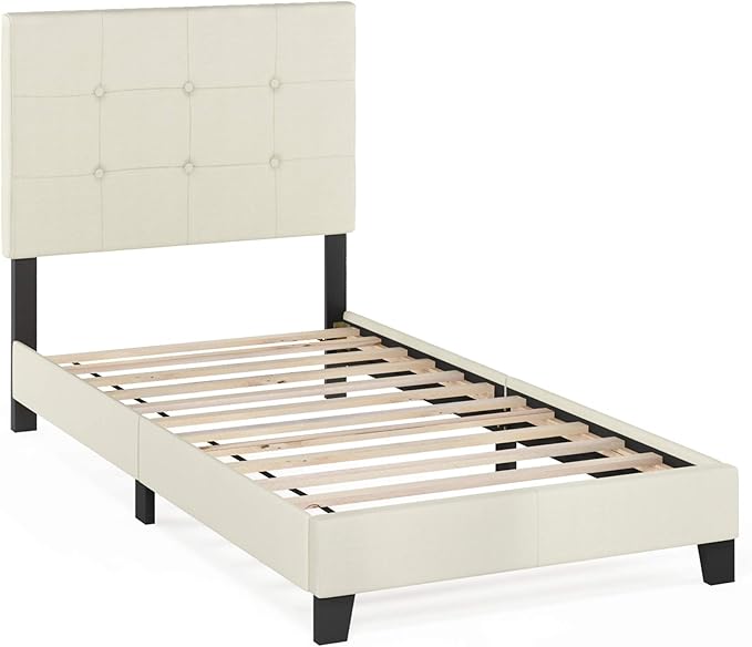 Furinno Laval Button Tufted Upholstered Platform Bed Frame, Twin, Linen