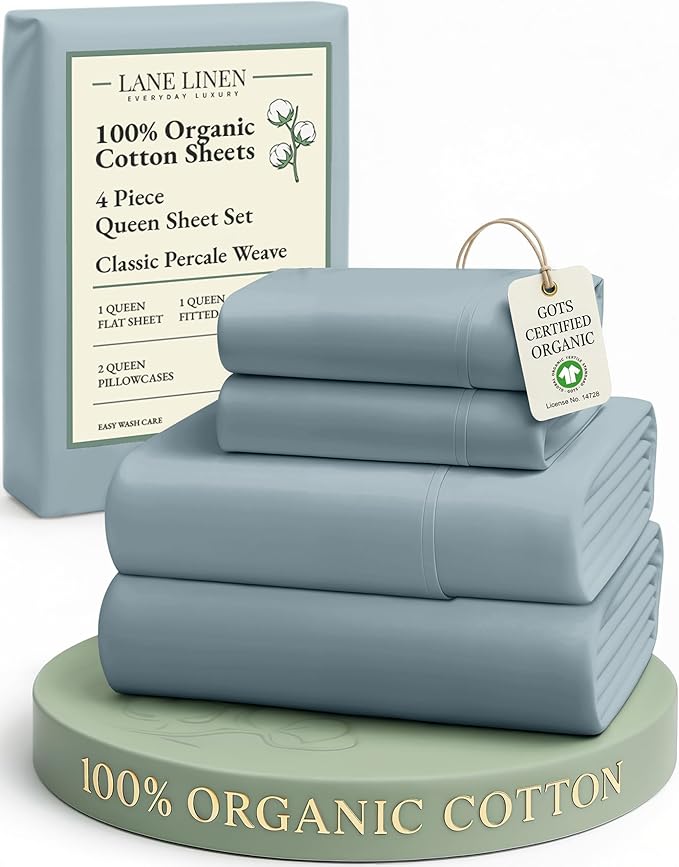 LANE LINEN 100% Organic Cotton Eco Friendly Sustainably Produced Queen Sheets Set, Low Pill Fade Resistant Machine Wash Fully Elasticized Cotton Bedding Queen Set- French Blue