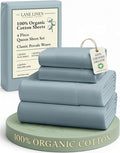 LANE LINEN 100% Organic Cotton Eco Friendly Sustainably Produced Queen Sheets Set, Low Pill Fade Resistant Machine Wash Fully Elasticized Cotton Bedding Queen Set- French Blue