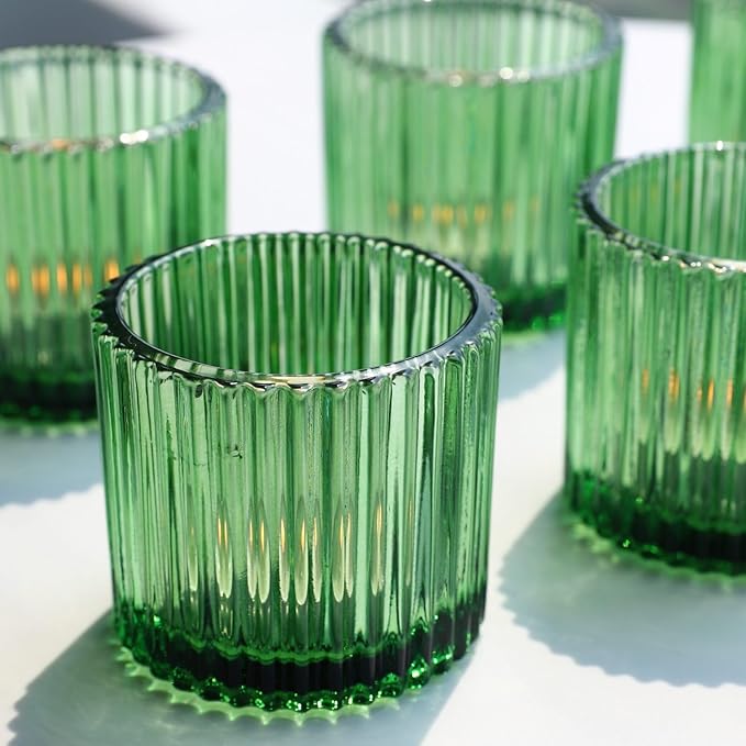 VOHO Large Votive Candle Holders 2.75'' x 2.56'' Set of 6, Ribbed Candle Holder for Votive/Tea Lights Candles, Green Votive Holder for Halloween/Christmas Holiday