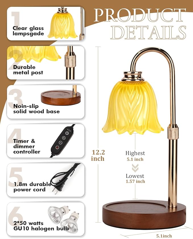 Candle Warmer Lamp, Gold Candle Lamp Warmer with Timer & Dimmer with 2 Bulbs, Dimmable, Christmas Gifts for Women Mom, House Warming Gifts New Home Bedroom Decor, Height Adjustable