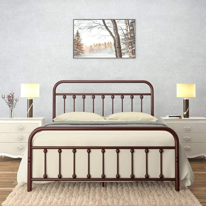 Golden Gate Beds Victorian Vintage Style Metal Bed Frame with Wrought Iron Headboard and Footboard, Classic Platform Bedframe with Storage, No Box Spring Needed, Mattress Foundation, Brown, Queen Size