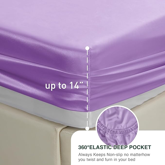 Love's cabin 4Piece California King Satin Bed Linen Set, Lavender Silky Satin Sheets, Deep Pocket, Luxury Silk Feel, 1 Flat, 1 Fitted Sheet, 2 Pillow Cases
