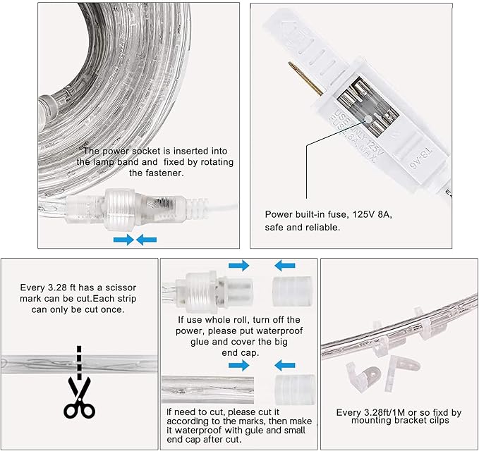 SURNIE Rope Lights Outdoor Waterproof Daylight White: LED 18FT Cuttable Outside Bright 110V Lighting 6000K Flexible Cool Clear Tube, Indoor Deck Patio Xmas Camping Decor, Not Flat Strip