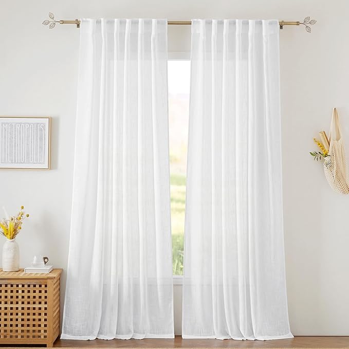 RYB HOME White Sheer Curtains for Bedroom, Semi Sheer Privacy Curtains & Drapes Linen Wave Texture Harsh Sunlight Filter for Hallway Window Guest Room Country House, 52 x 120 inches Long, 2 Panels