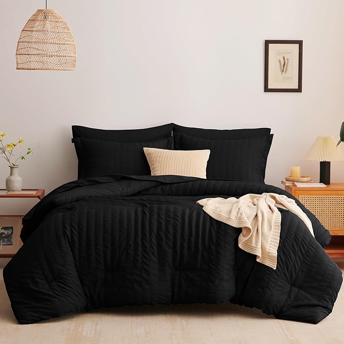 CozyLux Twin XL Comforter Set with Sheets Seersucker Black 5 Pieces Bed in a Bag, Twin Extra Long Luxury Soft Bedding Sets for College Dorm with Down Alternative Comforter, Sheets, Pillowcases & Shams