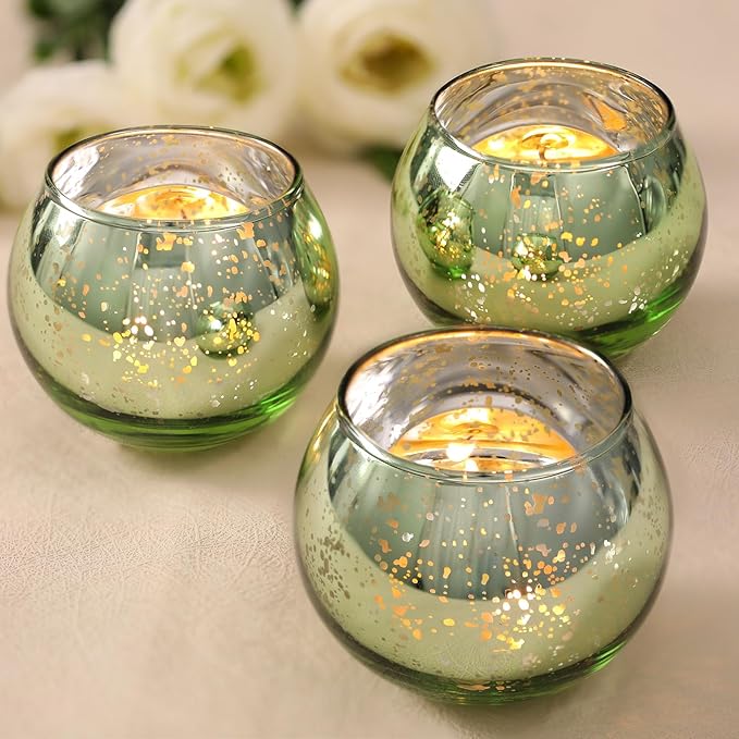 Volens 24PCS Green Votive Candle Holders Bulk, Round Mercury Glass Candle Holders for Tealight - Green Centerpiece Table Decorations for Wedding, Birthday, Party, Bridal Shower and Home Decor