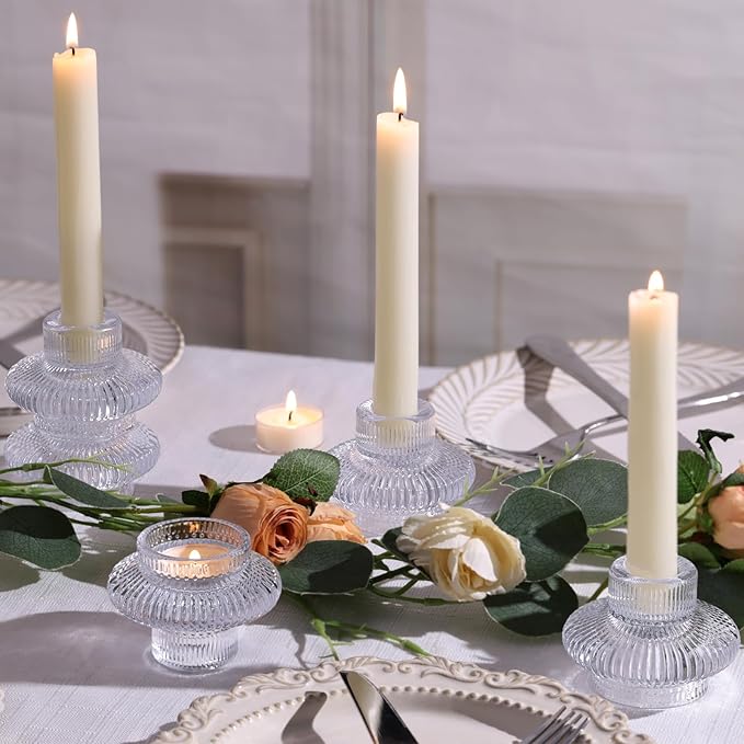 Candle Stick Candle Holder Set of 8, Taper Candle Holders for Wedding Table Centerpiece, Ribbed Glass Votive Candle Holders for Christmas, Romantic Dinner, Festival & Windowsill Decor
