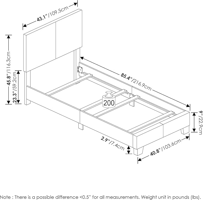 Furinno Pessac Fabric Upholstered Bed Frame with Wooden Slat Support, Twin XL, Glacier