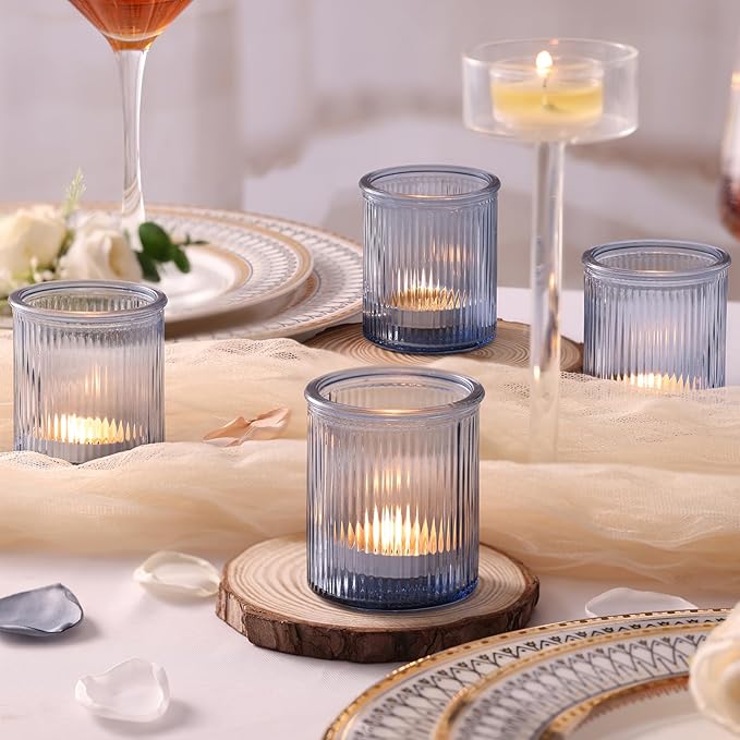 8Pcs Ribbed Blue Votive Candle Holders, Tea Light Candle Holder Glass, Blue Candle Holders for Table Centerpiece, Wedding Decor, Home and Holiday Decor