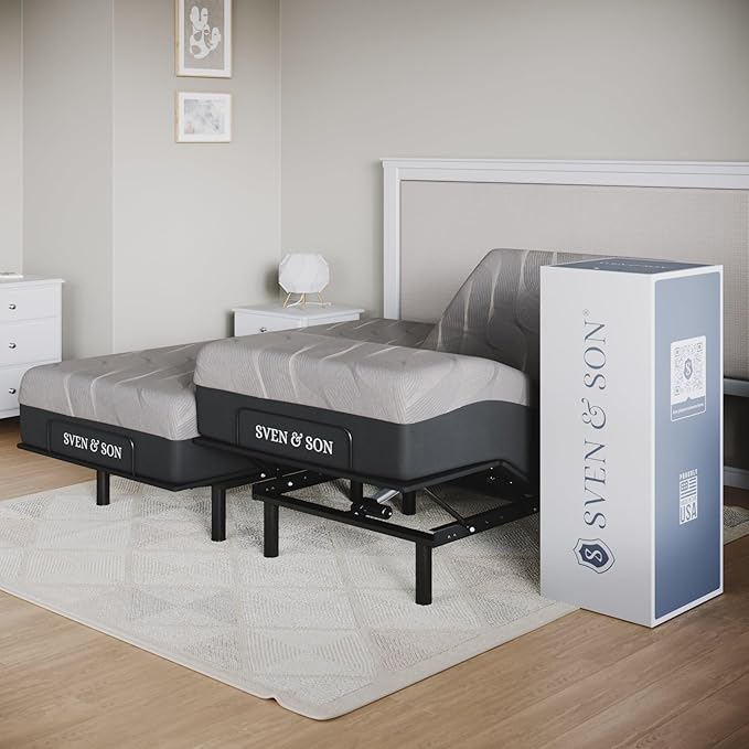 Sven and Son Essential Adjustable Bed Base (Frame) + 12 inch Memory Foam Matt (Medium), Easy Assembly, Head and Foot Lift, Memory Positions, Zero Gravity, Wireless Remote - Split King