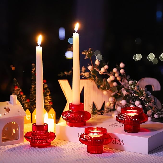 VOHO 12pcs Ribbed Taper Candle Holders for Table Centerpiece, Romantic Red Glass Candle Holder for Anniversary Wedding Decor, Double-Sided Red Tapered Candlestick Holders for Tealight & Taper Candles
