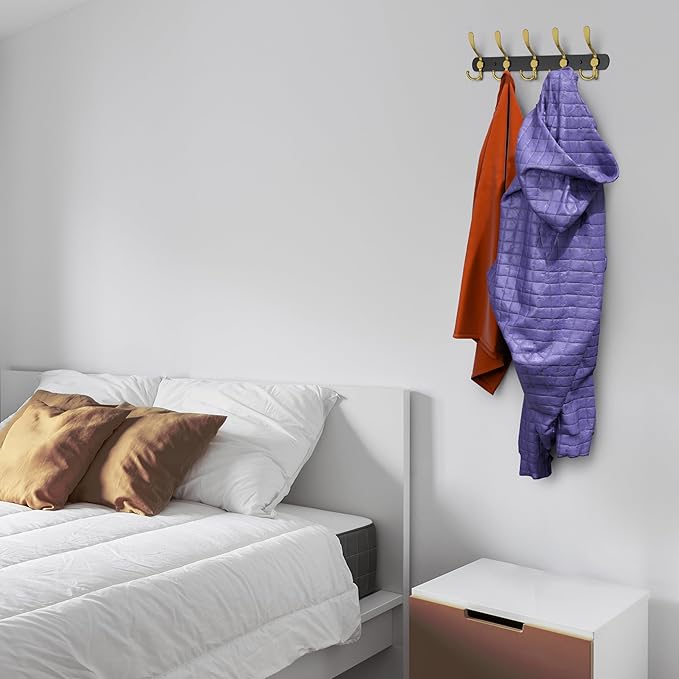 Coat Rack Wall Mount with 5 Tri Hooks, Stainless Steel 16 Inch – Black & Gold Matte Finish, Heavy Duty Wall Mounted Hook Rack for Coats, Hats, Towels, Scarfs, Robes, Bags, Entryway & Bathroom, 3 Pack