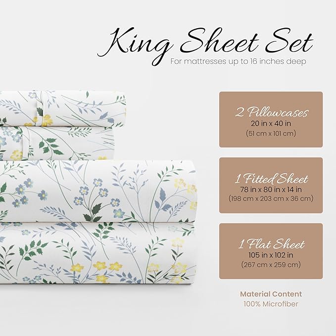 Linen Market 4 Piece King Sheet Set - Breathable, Double-Brushed Patterned Cooling Sheets – Oeko-TEX Certified Ultra Soft & Wrinkle-Free 16" Deep-Pocket King Sheets - Easy Care Wildflower Light Blue
