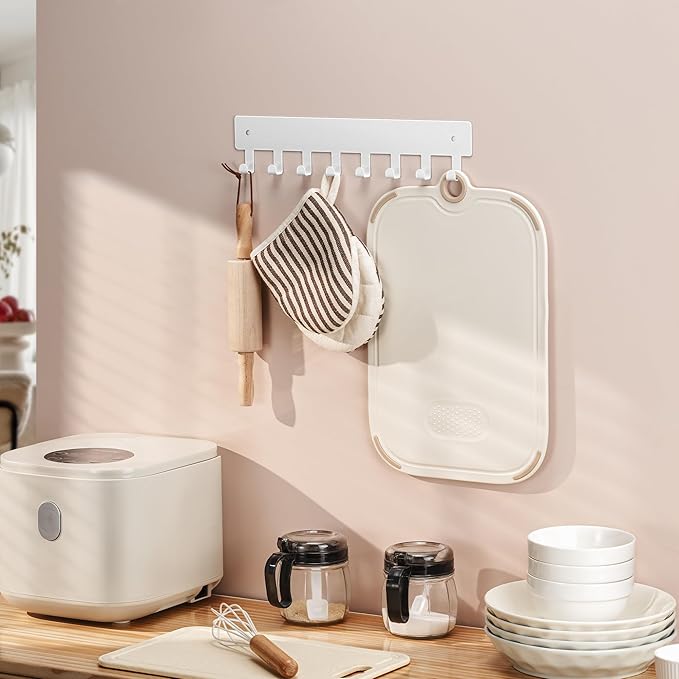 pickpiff 1 Pack Key Holder for Wall Adhesive, Key Hooks with 8 Hooks Wall Mounted, Key Hangers for Decor No Drill for Living Room, Kitchen, Office, White