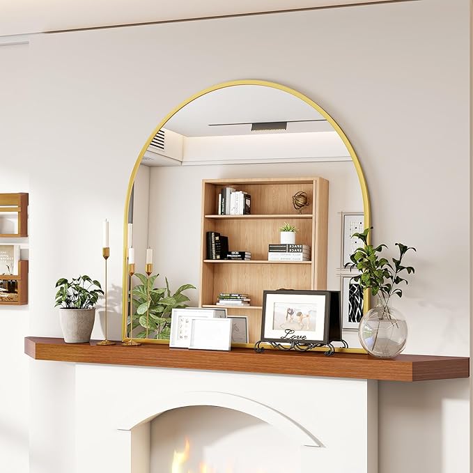 VooBang Wide Arched Wall Mirror, 31 x 32 inch Arch Bathroom Mirror, Wall Mounted Vanity Mirror with Arch Metal Frame, Modern Bathroom Vanity Mirror for Bedroom, Living Room, Hanging or Leaning, Gold