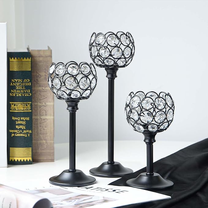 6pcs Crystal Candle Holder Set, 3 Sizes Tealight Candlestick Holders, Elegant Black Candelabra Bulk for Wedding Table Centerpiece, Fireplace, Home & Living Room Decor