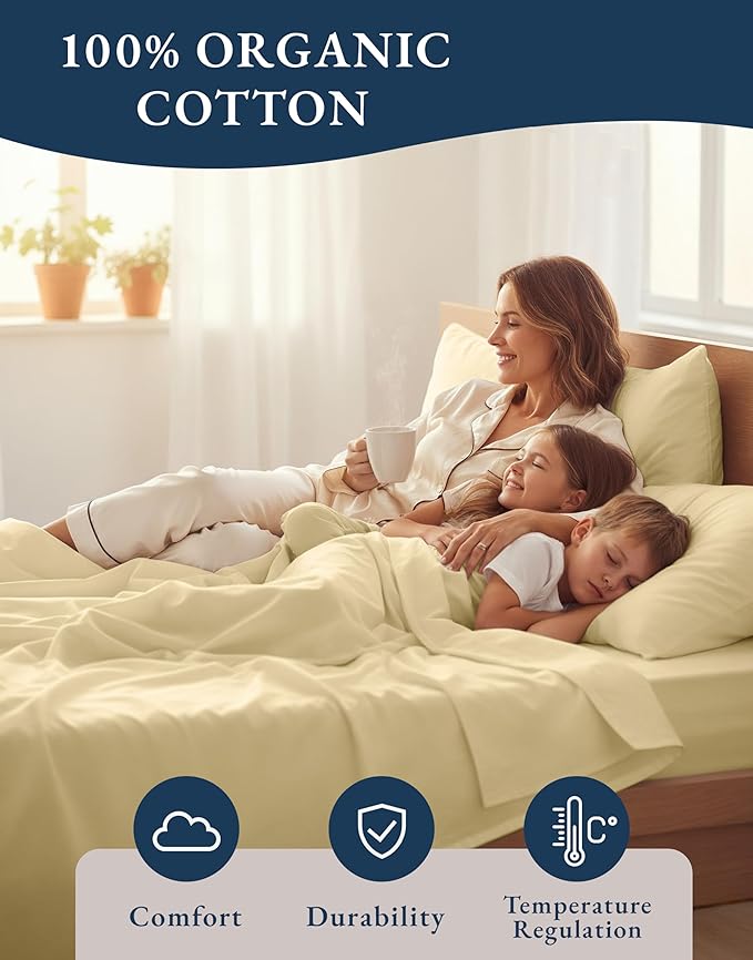 LANE LINEN 100% Organic Cotton Full Size Bed Sheets, Sustainably Produced Okeo Tex Certified Cotton Sheets Full, Luxury Hotel Percale Soft & Comfy Comes in Variety of Colors- Vanilla