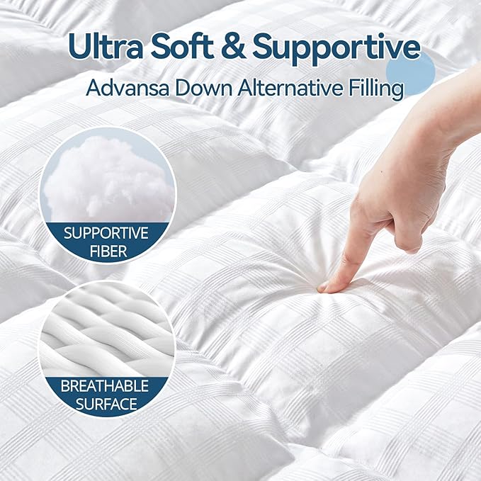 ABENE Mattress Topper for Back Pain Relief, Extra Thick Mattress Pad Pillowtop, Soft Cotton Cover with 8"-21" Deep Pocket, 1300gsm Overfilled Down Alternative Filling (Cotton White, California King)