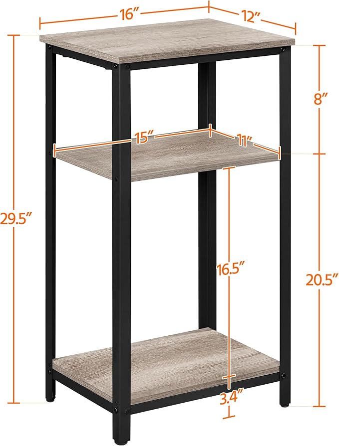 Yaheetech Tall End Table Set of 2, 18x14x29.5 inch Industrial Side Table with Strong Wooden Shelves, 2PCS Slim 3-Tier Telephone Table with Metal Frame for Living Room, Small Places - Gray