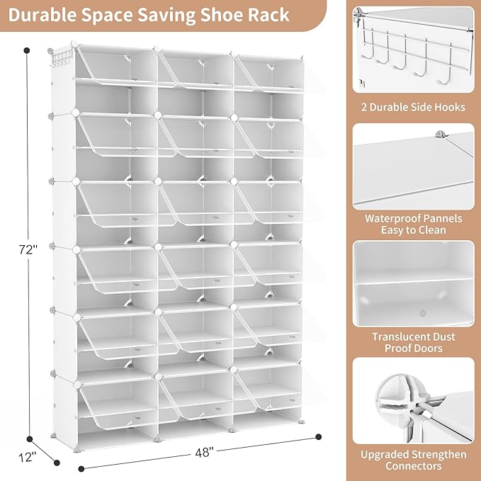 ROJASOP Portable Shoe Rack Organizer with Door, 72 Pairs White Shoe Storage Cabine Covered Shoe Rack Shoe Organizer for Closet Entryway Garage Closed Shoe Rack Organizer Cabinet with Doors