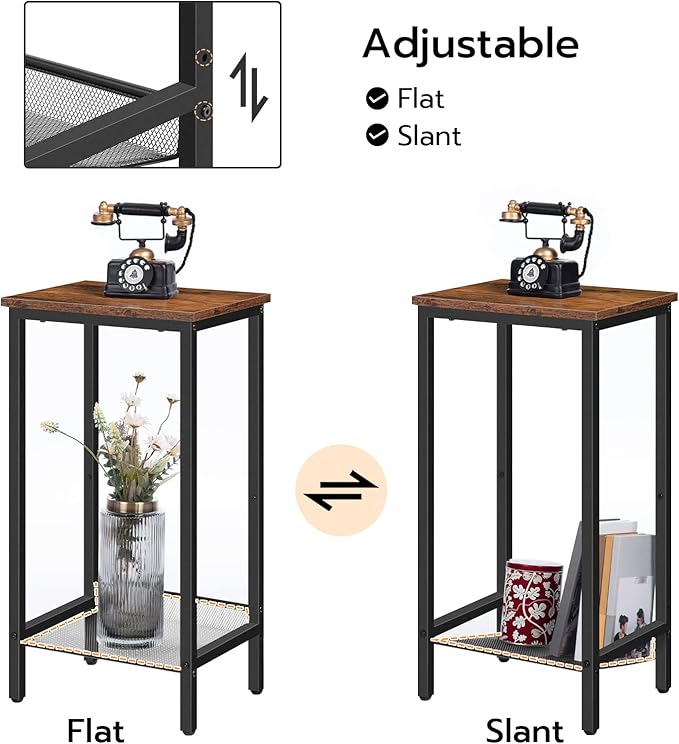 HOOBRO Tall Side Tables Set of 2, Industrial End Telephone Table with Adjustable Mesh Shelves, for Living Room, Bedroom, Entryway, Office, Rustic Brown and Black BF03DHP201