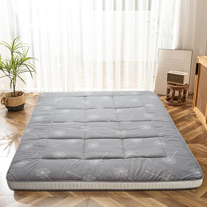 MAXYOYO Futon Mattress Japanese Floor Mattress, Extra Thick Dandelion Pattern Bed Mattress Topper, Quilted Folding Sleeping Pad Breathable Floor Lounger Guest Bed for Camping, Grey, Full