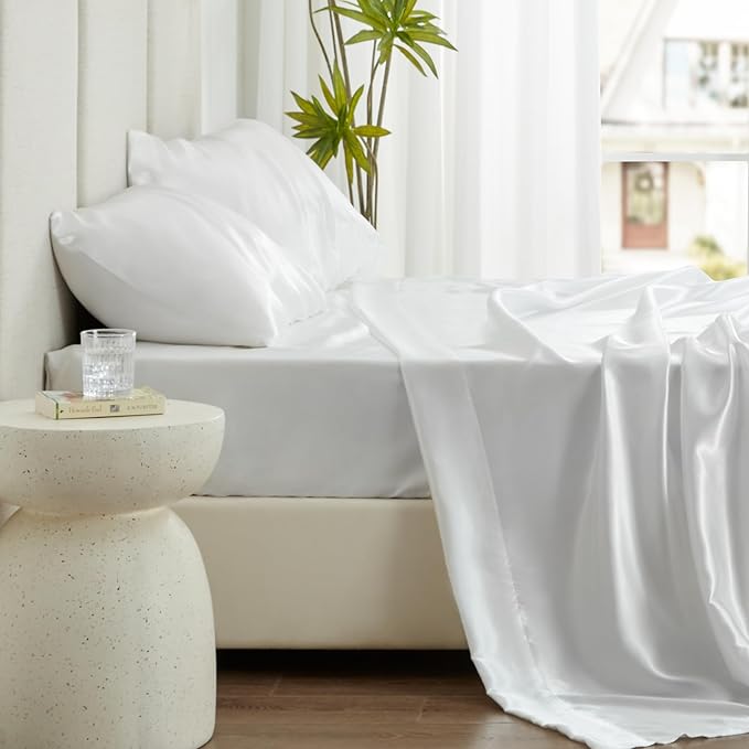 Love's cabin California King Satin Sheet Sets - 4 Piece White Silky Sheets Bed Set with Deep Pocket, Luxury Silk Feel Satin Cal King Sheet Set (1 Flat Sheet,1 Fitted Sheet,2 Pillow Cases)