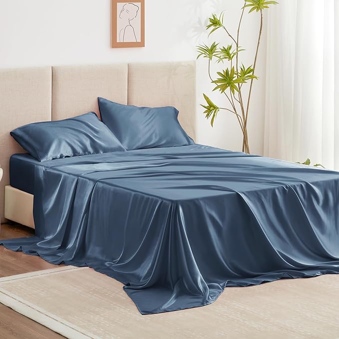 Love's cabin Full Size Satin Sheet Sets - 4 Piece Ash Blue Silky Sheet Set Full with Deep Pocket, Luxury Silk Feel Bed Sheets Full Bedding Set (1 Flat Sheet,1 Fitted Sheet,2 Pillow Cases)