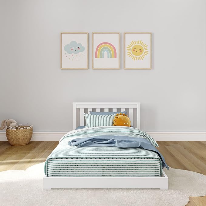 Max & Lily Classic Twin Floor Bed, 79.75 Inches, Solid Wood Low Bed Frame for Kids, Modern Floor Bed for Bedroom, White