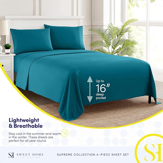 RV Queen Bed Sheets - Breathable Luxury Sheets with Full Elastic & Secure Corner Straps Built In - 1800 Supreme Collection Extra Soft Deep Pocket Bedding Set, Sheet Set, RV Short Queen, Teal