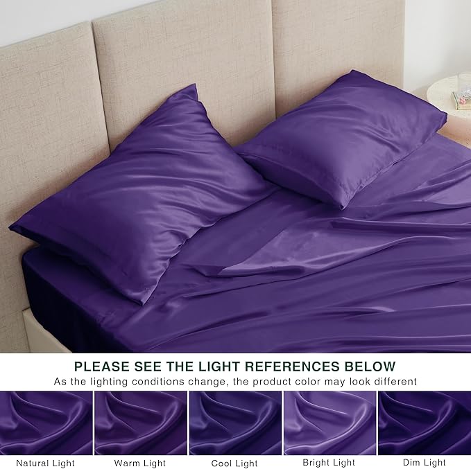 Love's cabin Satin Queen Sheets Set - 4 Piece Purple Silky Bed Sheets Set with Deep Pocket, Luxury Silk Feel Satin Queen Size Sheet Set (1 Flat Sheet,1 Fitted Sheet,2 Pillow Cases)