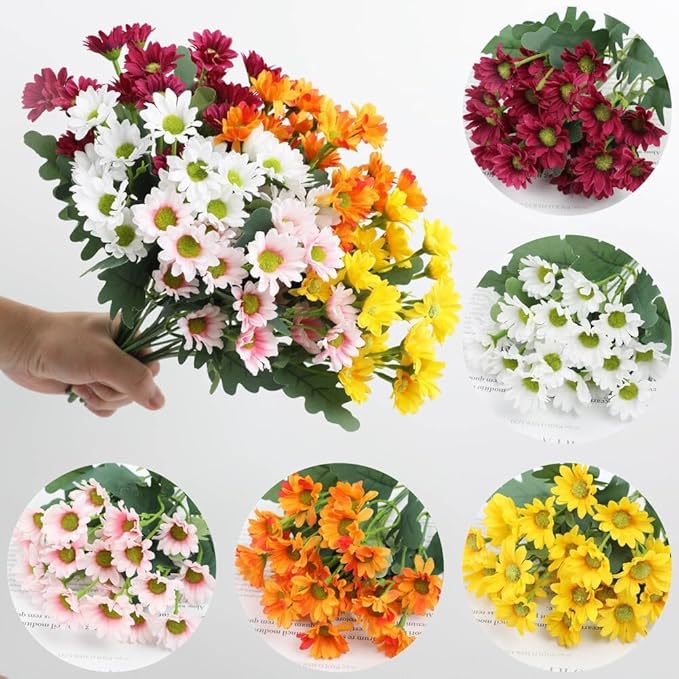 Artificial Mums for Outdoors, Faux Sunset Mum Flowers Planters for Indoor Outside Decor, Fake Look Real, Vibrant, UV Resistant, Waterproof, Windproof (Orange, 10 Bundle)
