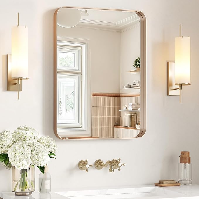 USHOWER Gold Bathroom Mirror 22"x30", Brushed Gold Rectangle Mirror for Over Sink, Rounded Corner, Aluminum Frame, Anti-Rust, Tempered Glass, Horizontal or Vertical Mounted