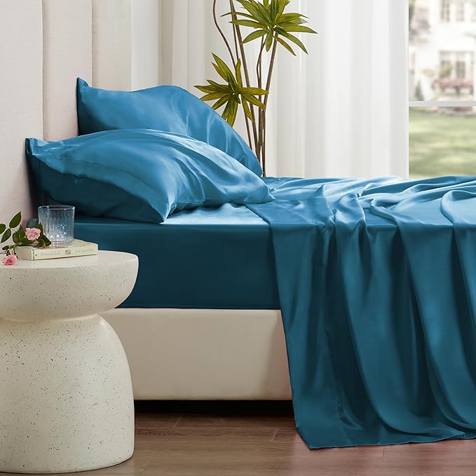 Love's cabin Twin Satin Sheets Sets - 3 Piece Teal Silky Bed Sheets with Deep Pockets, Luxury Silk Feel Satin Twin Size Sheet Set Bedding Set (1 Flat Sheet,1 Fitted Sheet,1 Pillow case)