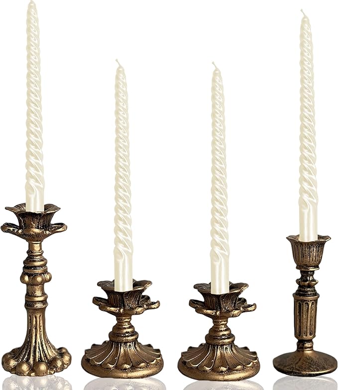 Vintage Candlestick Holder for Taper，Resin Candle Holder Antique Bronze，Decorative for Home Decor Centerpiece for Wedding Party, Wedding Anniversary Decoration，Set of 4(AABC)