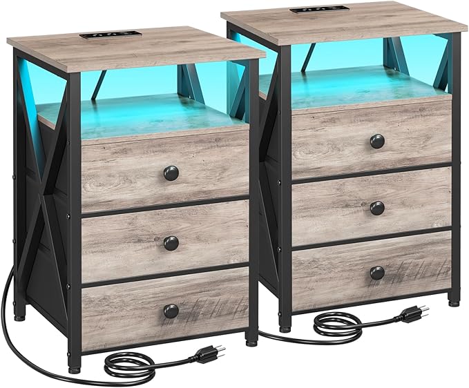 AMHANCIBLE Night Stand Set 2, LED Nightstand with Charging Station, End Side Tables with USB Port & Outlet, Bedside Table with 3 Fabric Drawers for Bedroom Living Room, Greige, HET053LGY