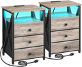 AMHANCIBLE Night Stand Set 2, LED Nightstand with Charging Station, End Side Tables with USB Port & Outlet, Bedside Table with 3 Fabric Drawers for Bedroom Living Room, Greige, HET053LGY