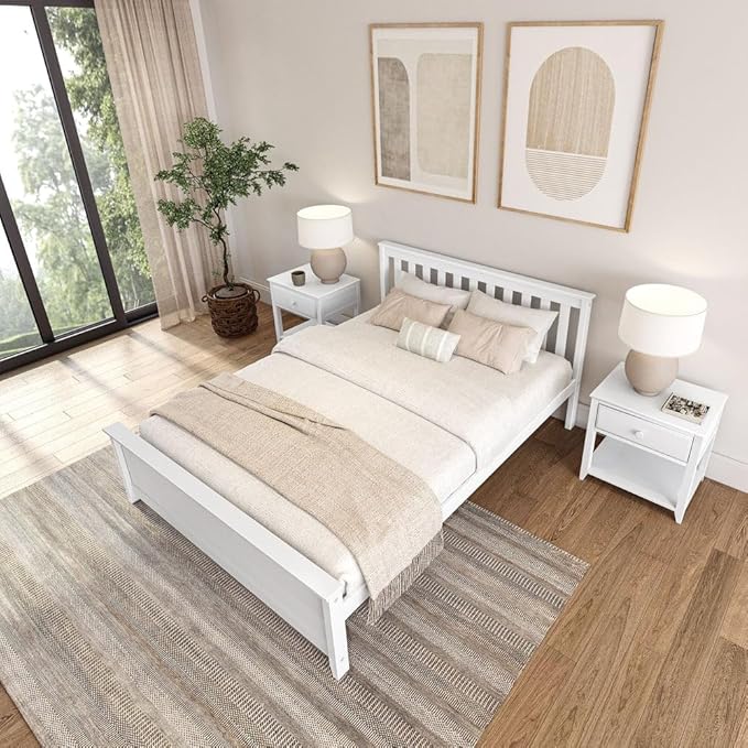 Plank+Beam Solid Wood Queen Bed Frame, Platform Bed with Headboard, White