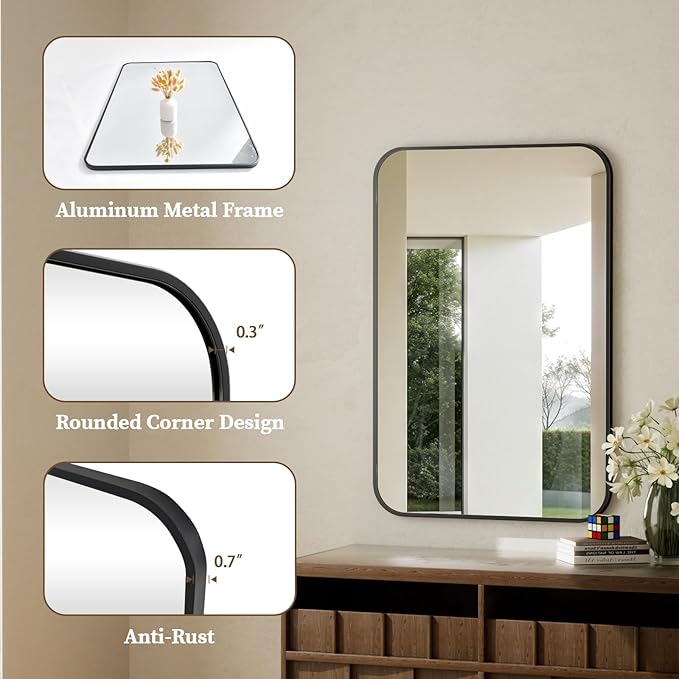 BEAUTYPEAK 24" x 36" Rectangular Aluminum Alloy Frame Wall Mounted Bathroom Mirror with Rounded Corners, Black