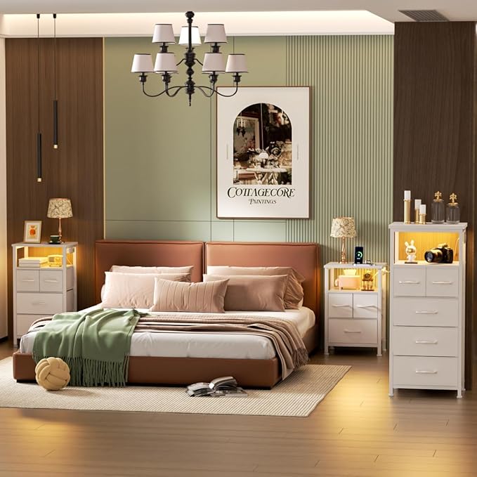 Furnulem 4 Drawer Dresser with Led Light and Charging Station, White Night Stand with Storage Shelf and Fabric & PVC Drawer, 33 Inch Bedside Table, Tall Nightstand for Entryway, Bedroom Furniture