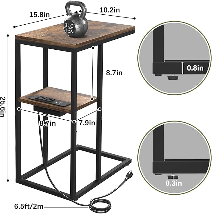 Yoobure LED C Shaped End Table with Charging Station, Small Side Tables for Living Room Bedroom, TV Tray Table with USB Ports and Outlets for Small Spaces, C Table for Couch Sofa, Bed Side Table