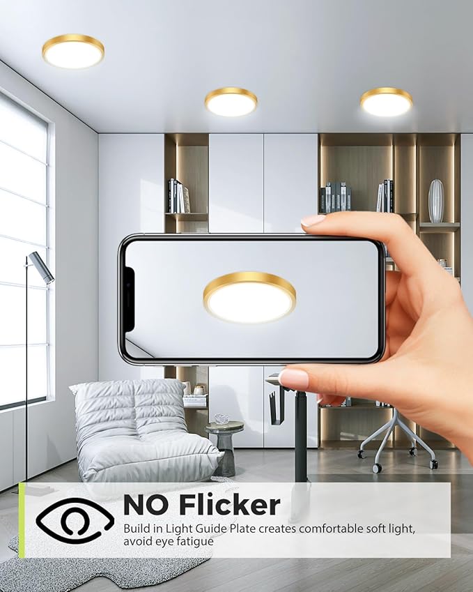 hepside 2Pack Dimmable Flush Mount Ceiling Light Fixture Golden, 3CCT Selectable 3000/4000/6500K Ceiling Lamp, 7.5INCH 15W 1500LM Low Profile Light for Bedroom, Kitchen, Bathroom, Hallway