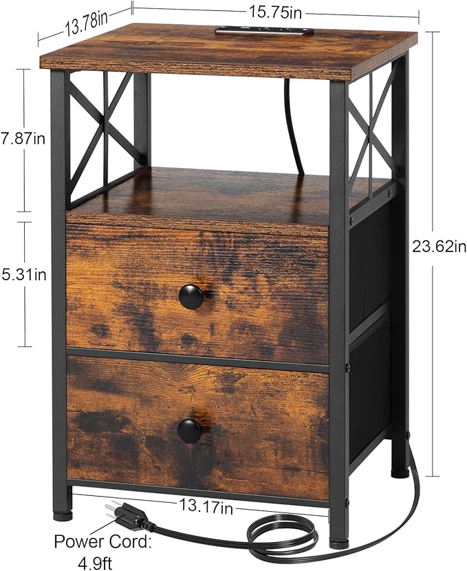 AMHANCIBLE End Table Living Room with Charging Station, Side Table with Fabric Drawer, Small Side Table with USB Ports and Outlets for Small Spaces Rustic Brown and Black HET05XBR1