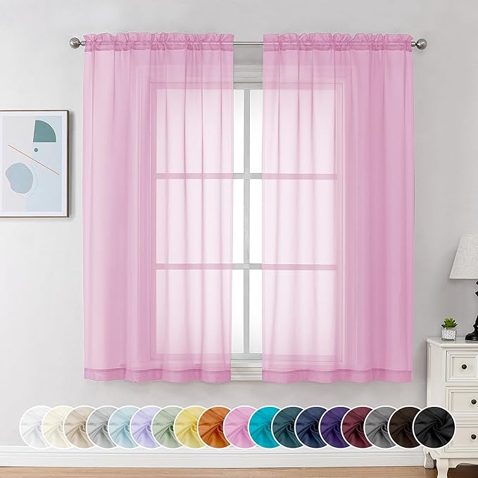 Chyhomenyc Light Pink Sheer Curtains 63 Inch Length 2 Panels, Light Filtering Airy Rod Pocket Window Curtain Treatment Drapes for Bedroom, Each 42Wx63L Inches