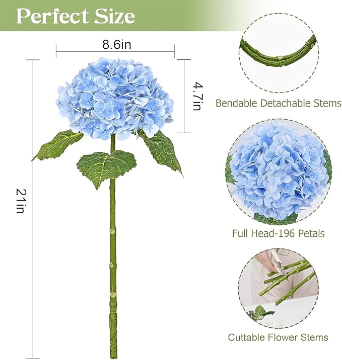 Waipfaru 21" Real Touch Blue Hydrangea Artificial Flowers with Long Stem & Leaves, Full Latex Faux Hydrangea Flowers for Home Decor Party Floral Arrangements Wedding Bouquets Centerpieces, 5Pcs